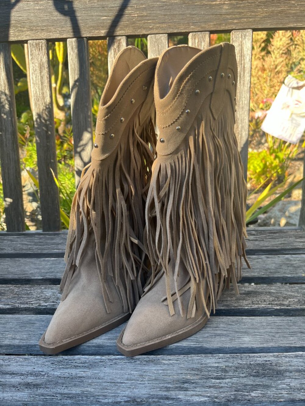 Forever Tan Faux New Suede/Leather Layered Fringe Boots, Size 9 - Picture 3 of 11